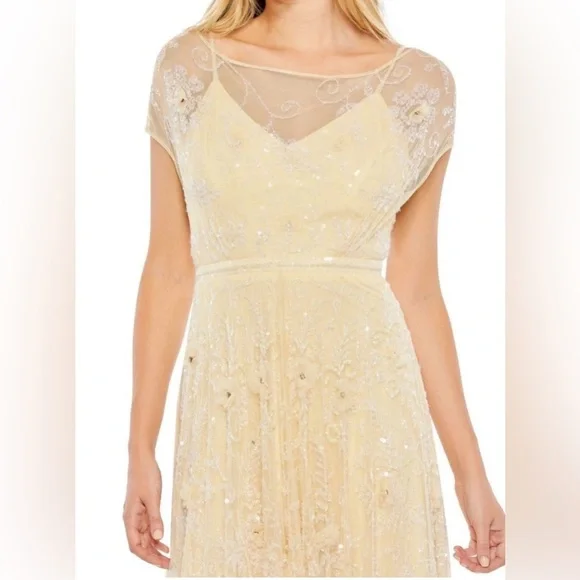 NWT MacDuggal 70274 Plunging Back Floral Sequin Dress Buttercup Yellow 16 $598